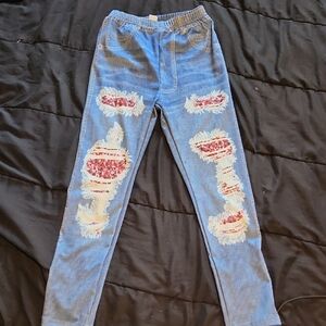 Light Wash Distressed Jeans with Pink Sequin Patches